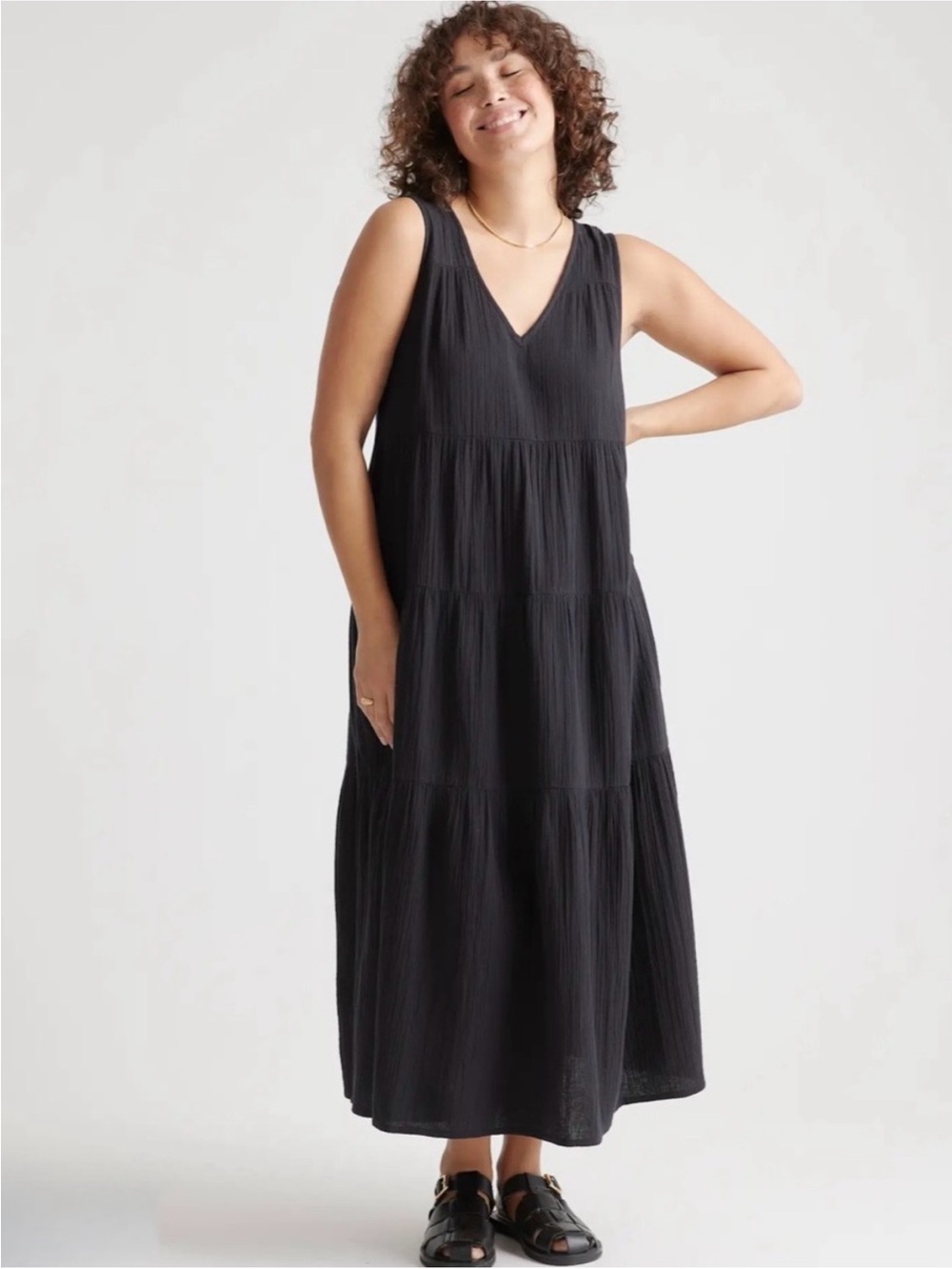 NWT Quince Organic Cotton Gauze Tiered Maxi Dress Black XS Sleeveless